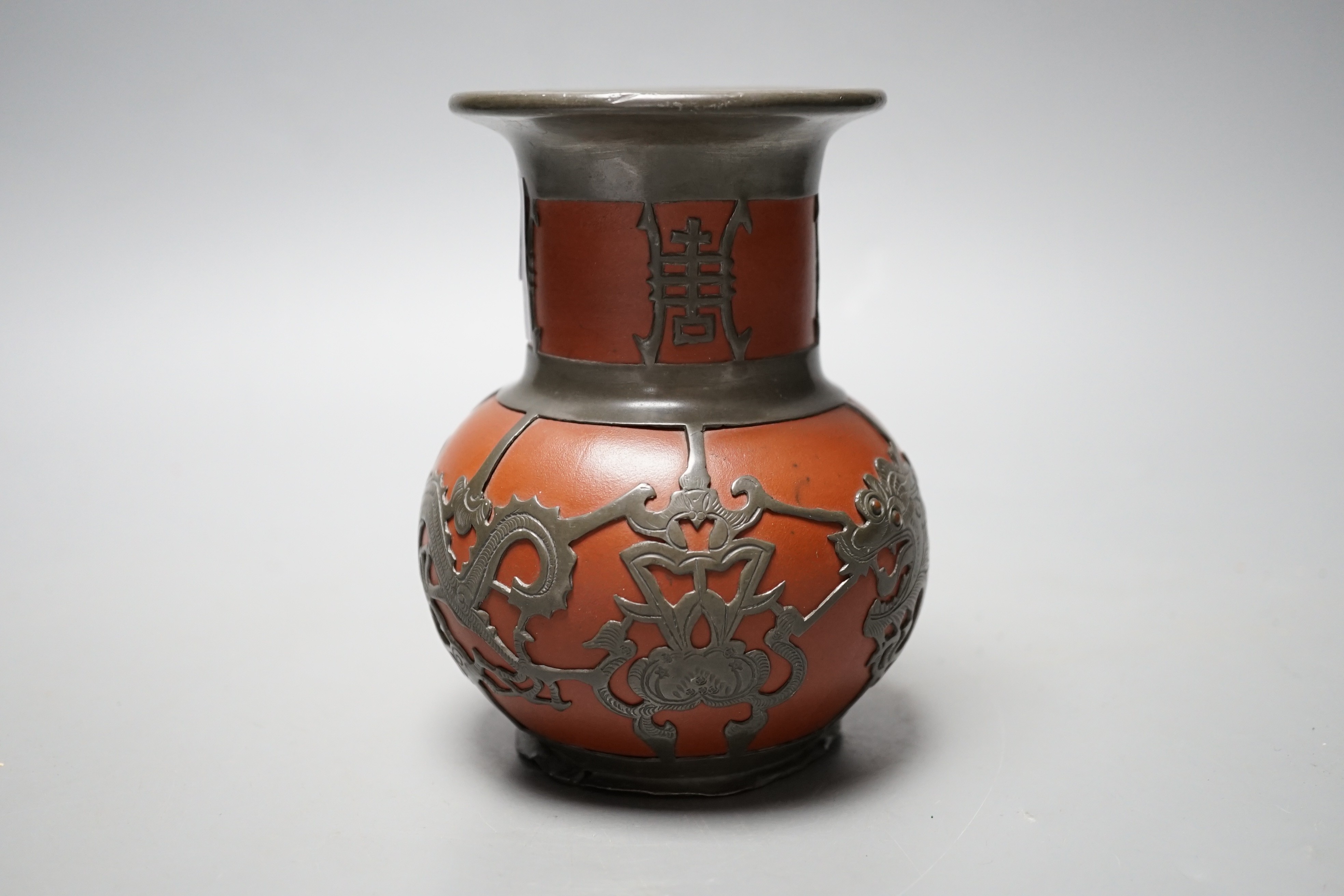 A Chinese pewter mounted redware vase, 1920's, 13cm